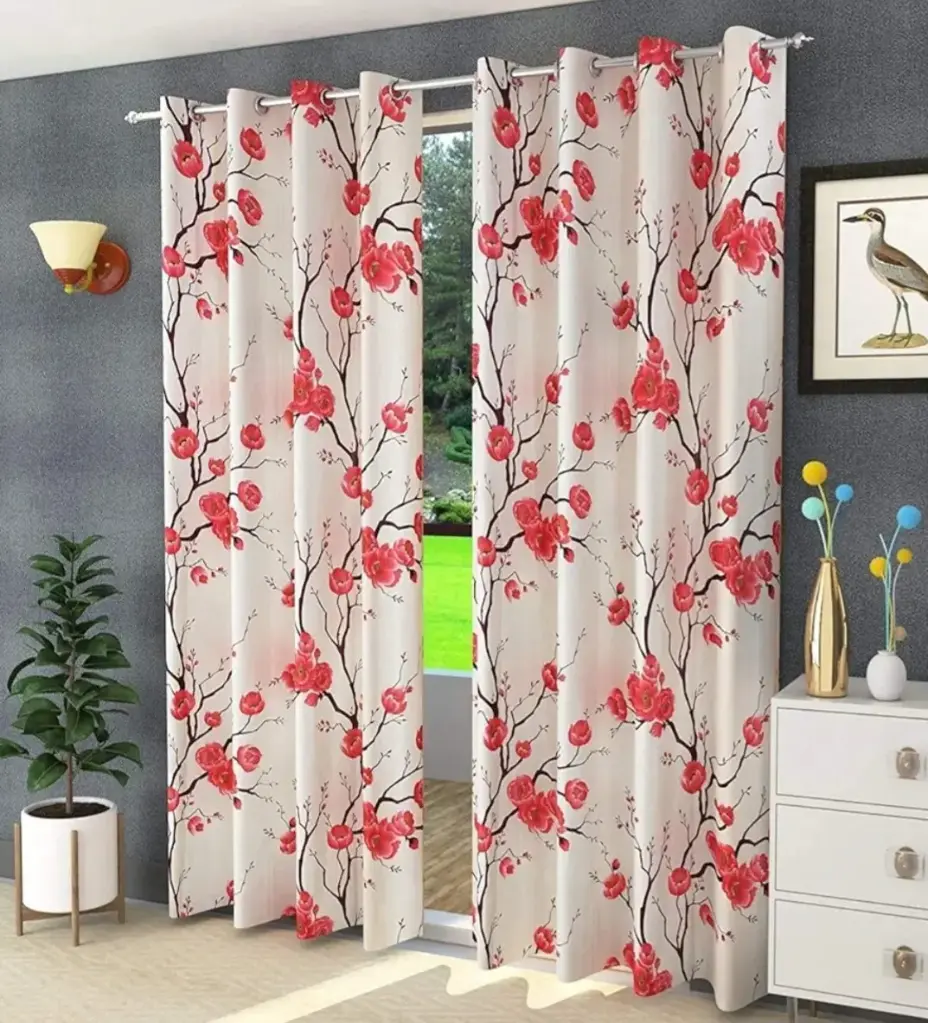 "Floral Eyelet Curtains for Living Room – White Background with Red Blossom Print –  Window/Door Drapes", FLOWER CURTAIN